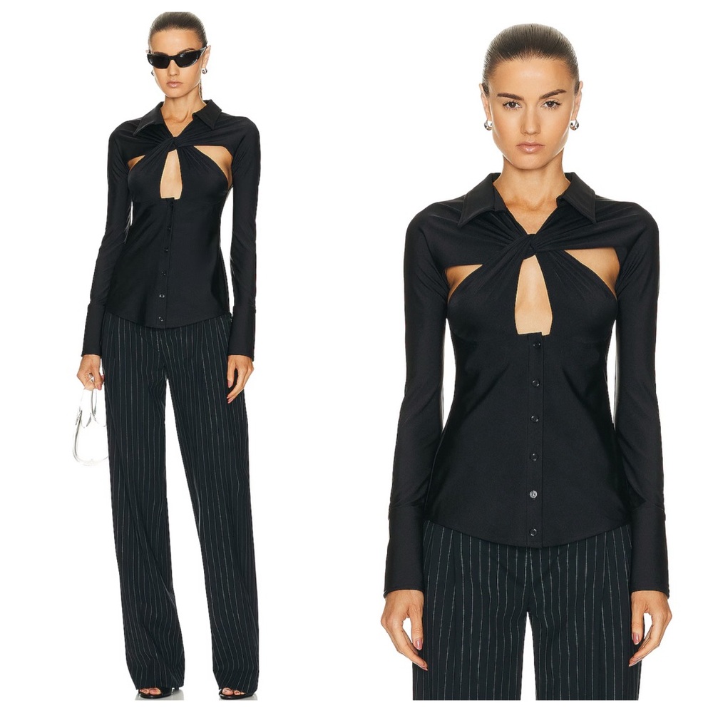 Coperni Cut Out Draped Twist Button Long Sleeve Shirt in Black